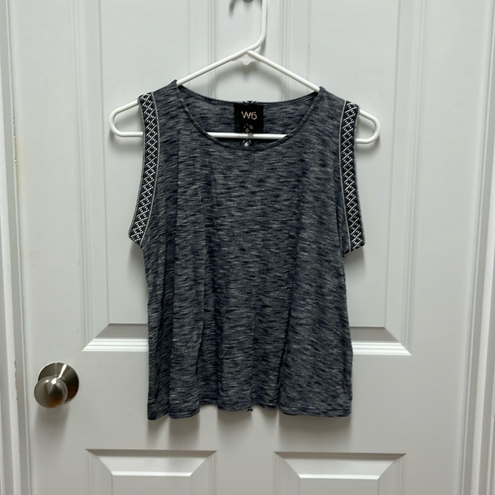 W5‎ Anthro Tank Top Blue White Grosgrain Ribbon Sleeveless Blouse Shirt Sz S